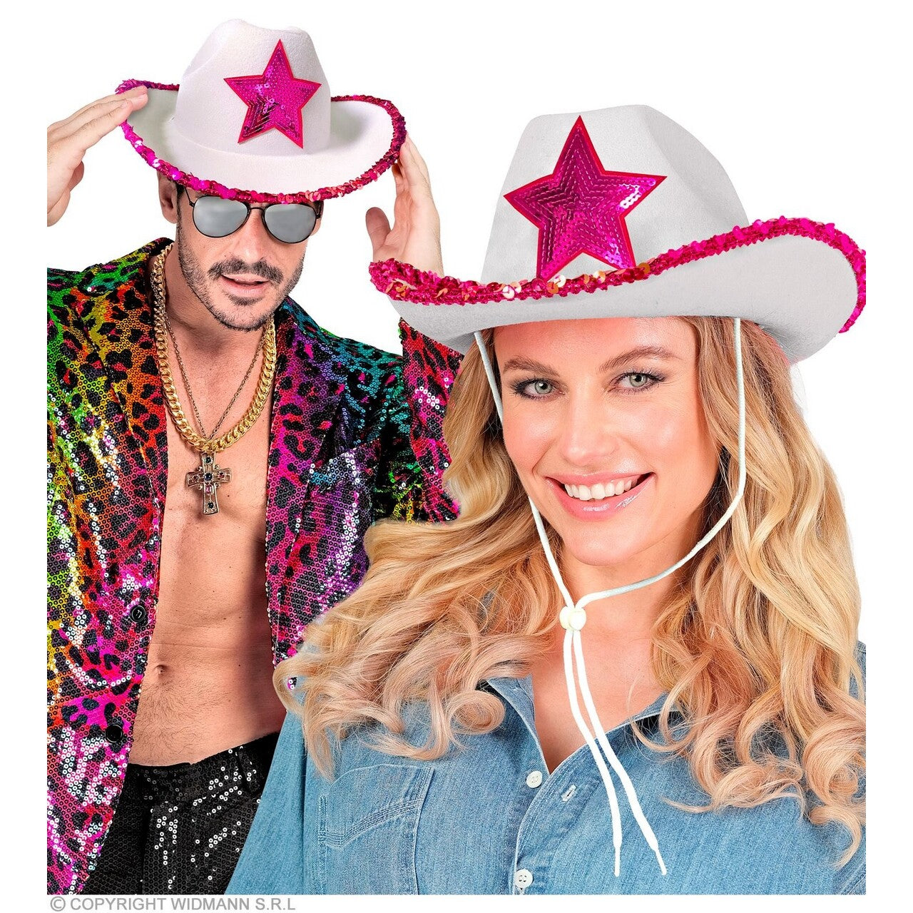 Op deze afbeelding zie je een Accessoires, van het merk Widmann. Cowboyhoed Wit Party Girl Met Roze Pailletten Ster