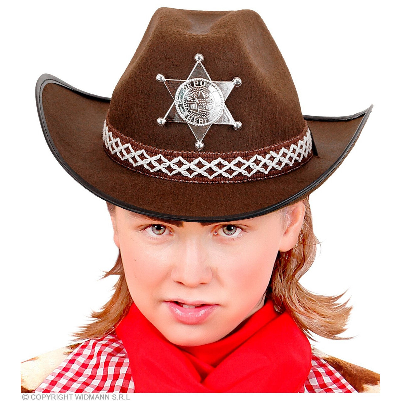 Op deze afbeelding zie je een Accessoires, van het merk Widmann. Cowboyhoed Bruin Met Sheriff Ster Kind