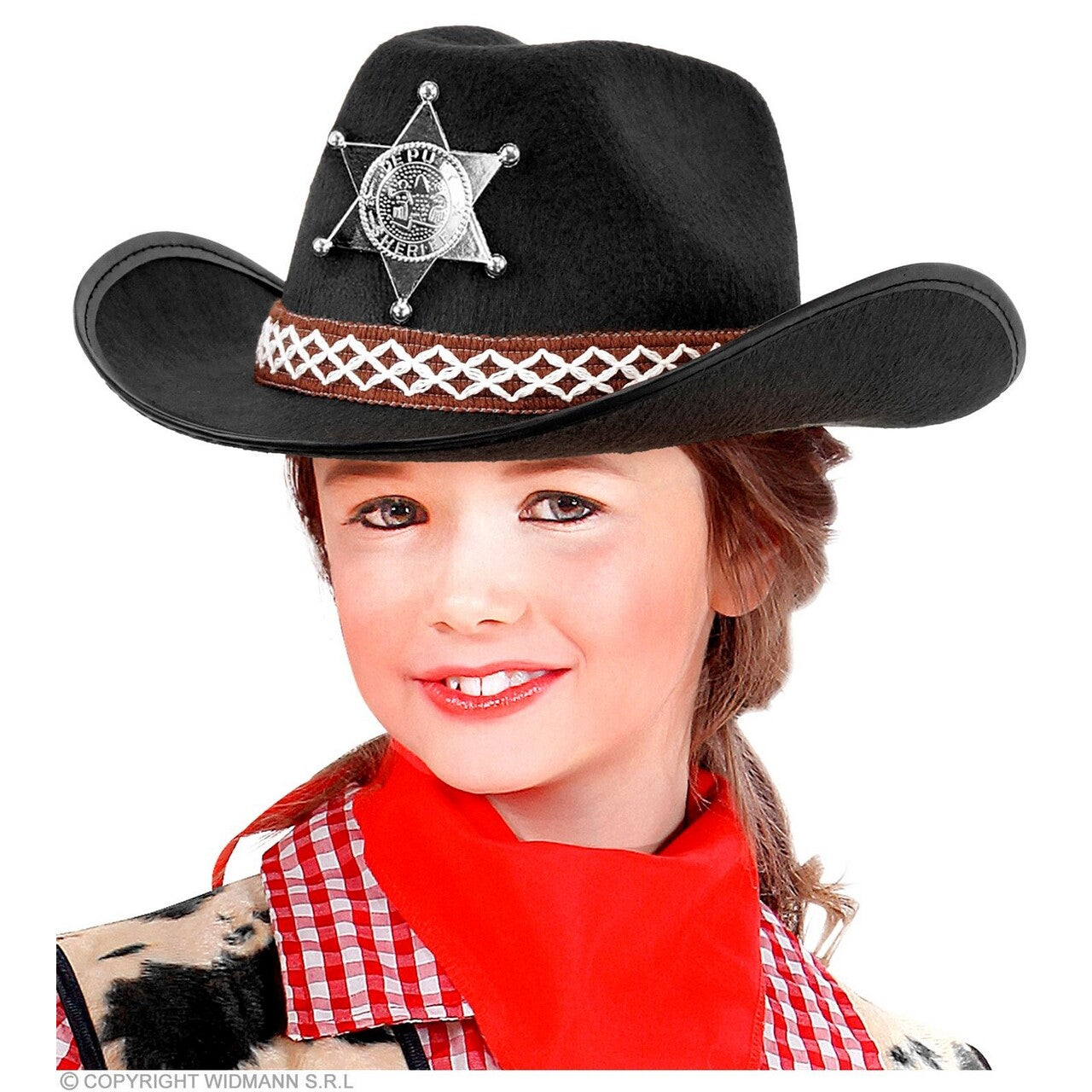 Op deze afbeelding zie je een Accessoires, van het merk Widmann. Cowboyhoed Zwart Met Sheriff Ster Kind