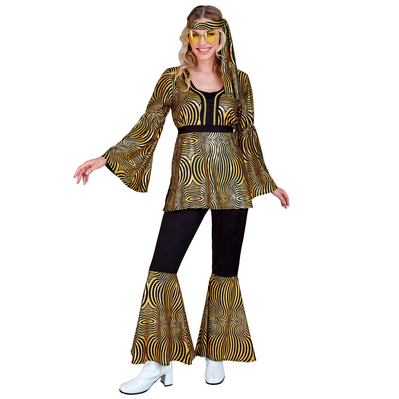 Op deze afbeelding zie je een Kostuums, van het merk Widmann. Dazzling Gold Groove Jaren 70 Style Vrouw Kostuum