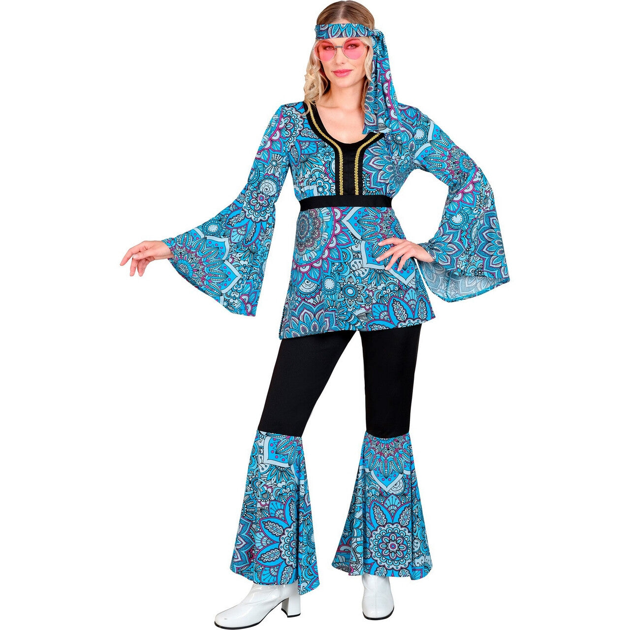 Op deze afbeelding zie je een Kostuums, van het merk Widmann. Mandala Dance Hippie Jaren 60 Blauw Vrouw Kostuum