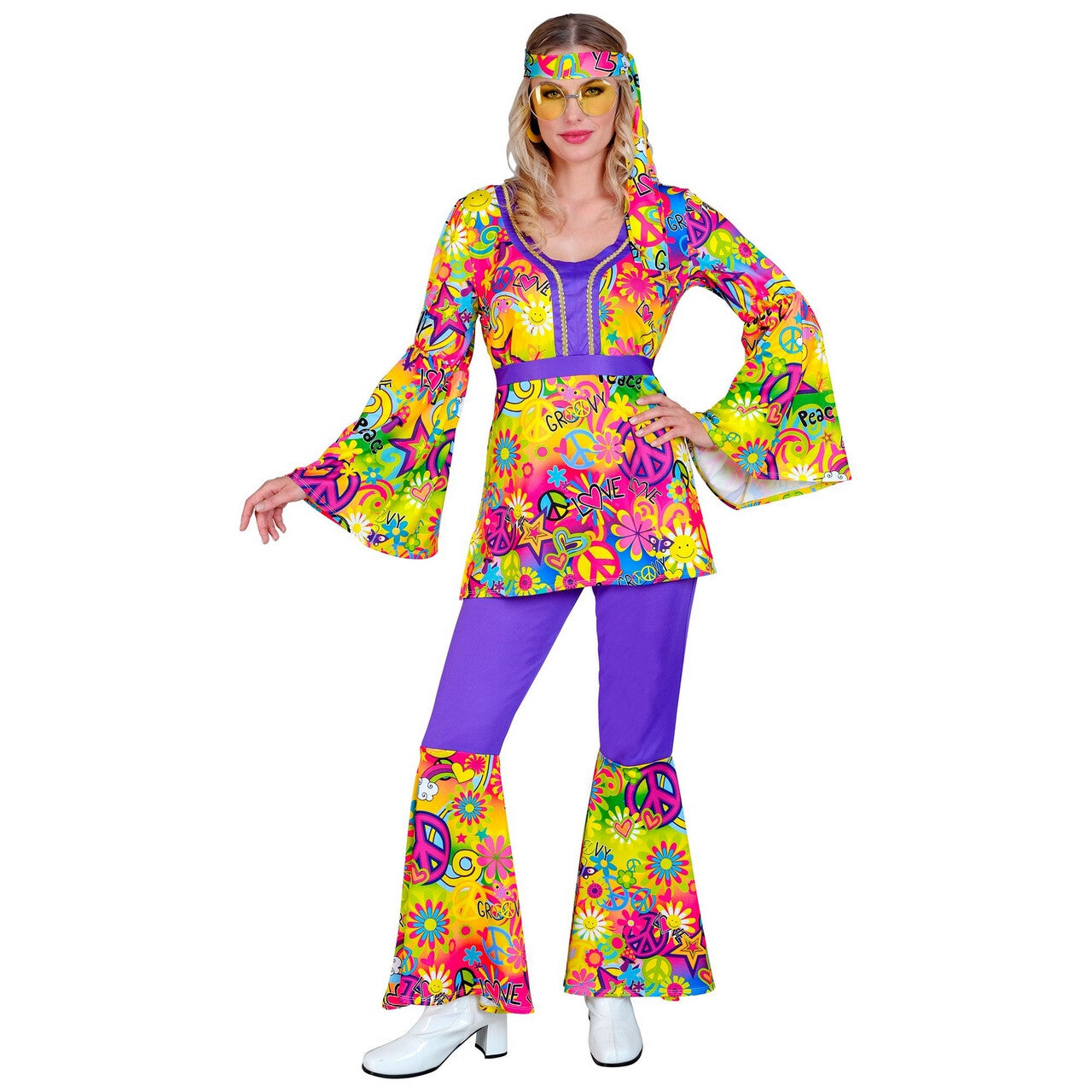 Op deze afbeelding zie je een Kostuums, van het merk Widmann. Groovy Peace And Love Hippie Jaren 60 Style Vrouw Kostuum
