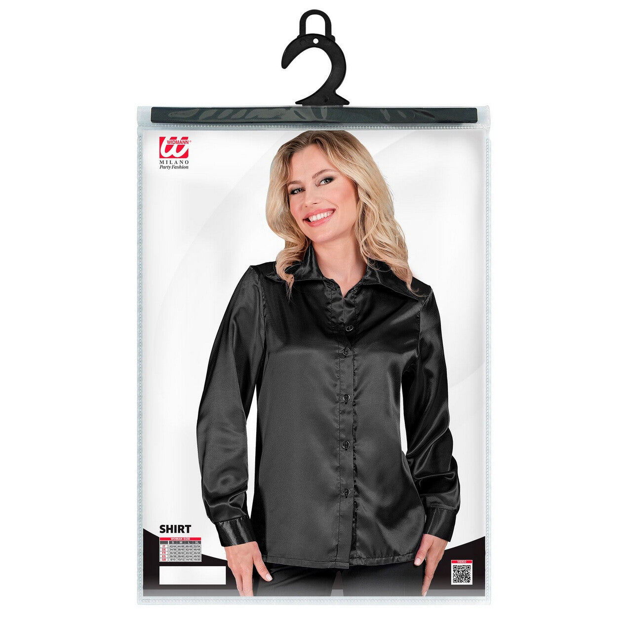 Op deze afbeelding zie je een Kostuums, van het merk Widmann. Jaren 70 Blouse Satijn Zwart Vrouw
