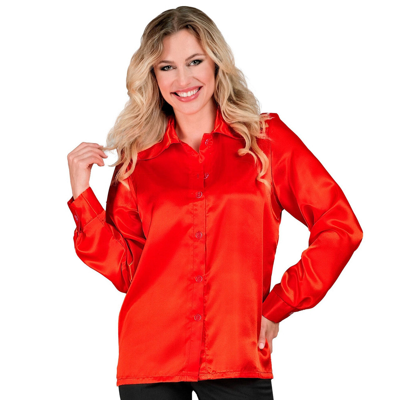 Op deze afbeelding zie je een Kostuums, van het merk Widmann. Jaren 70 Blouse Satijn Rood Vrouw Kostuum