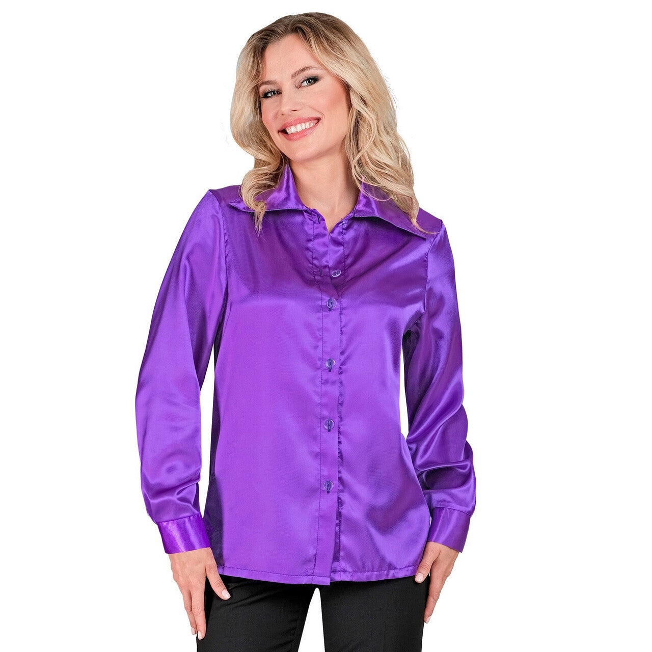 Op deze afbeelding zie je een Kostuums, van het merk Widmann. Jaren 70 Blouse Satijn Paars Vrouw