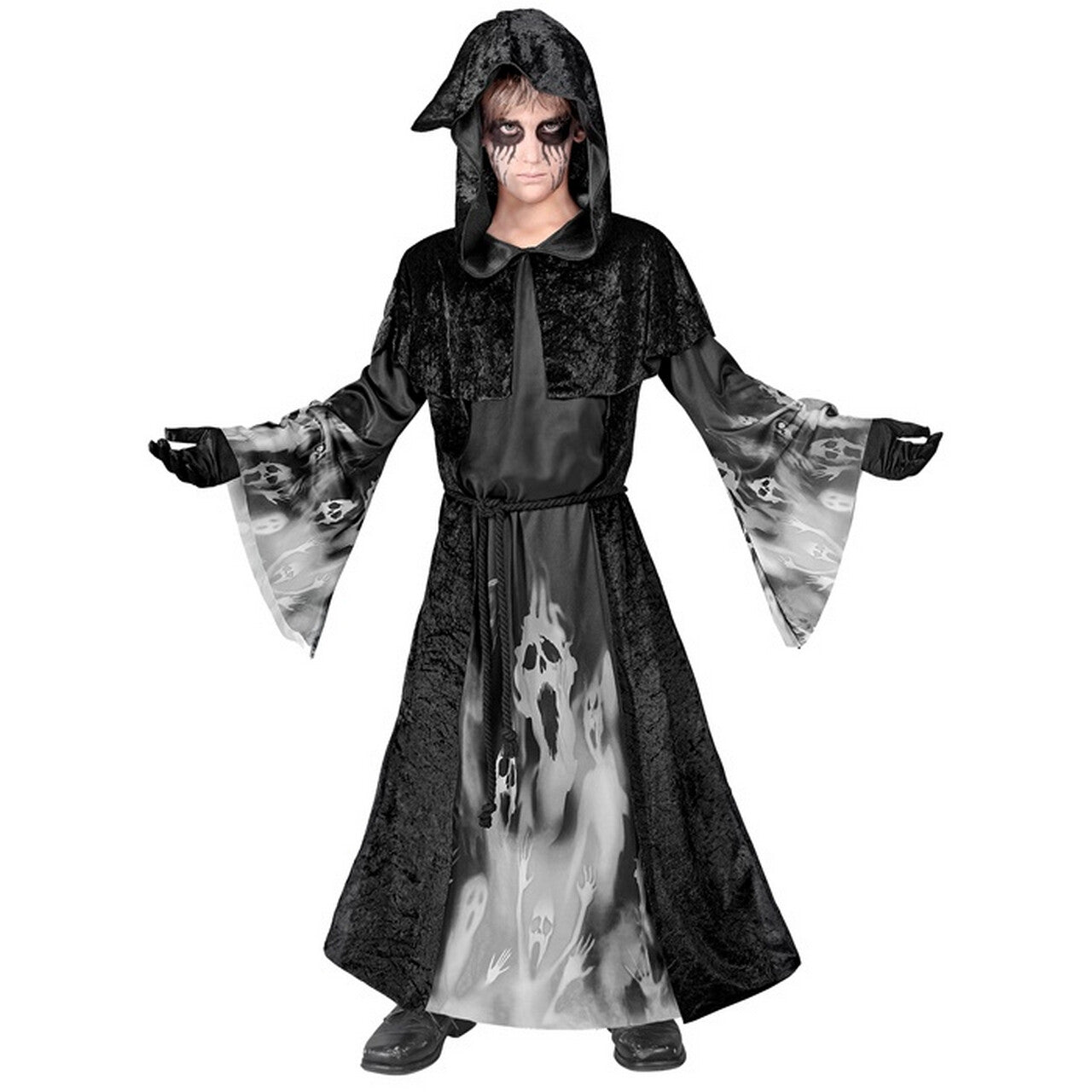 Op deze afbeelding zie je een Kostuums, van het merk Widmann. Grim Reaper Screaming Souls Jongen Kostuum