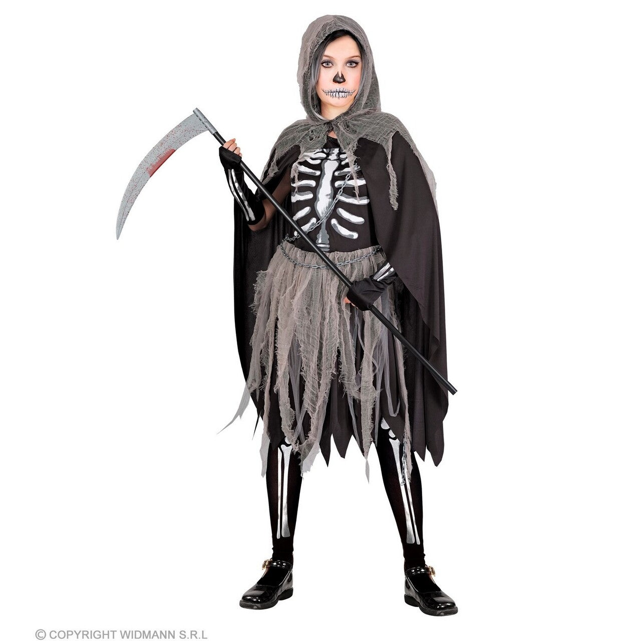 Op deze afbeelding zie je een Kostuums, van het merk Widmann. Skelet Spook Zwarte Beul Meisje Kostuum
