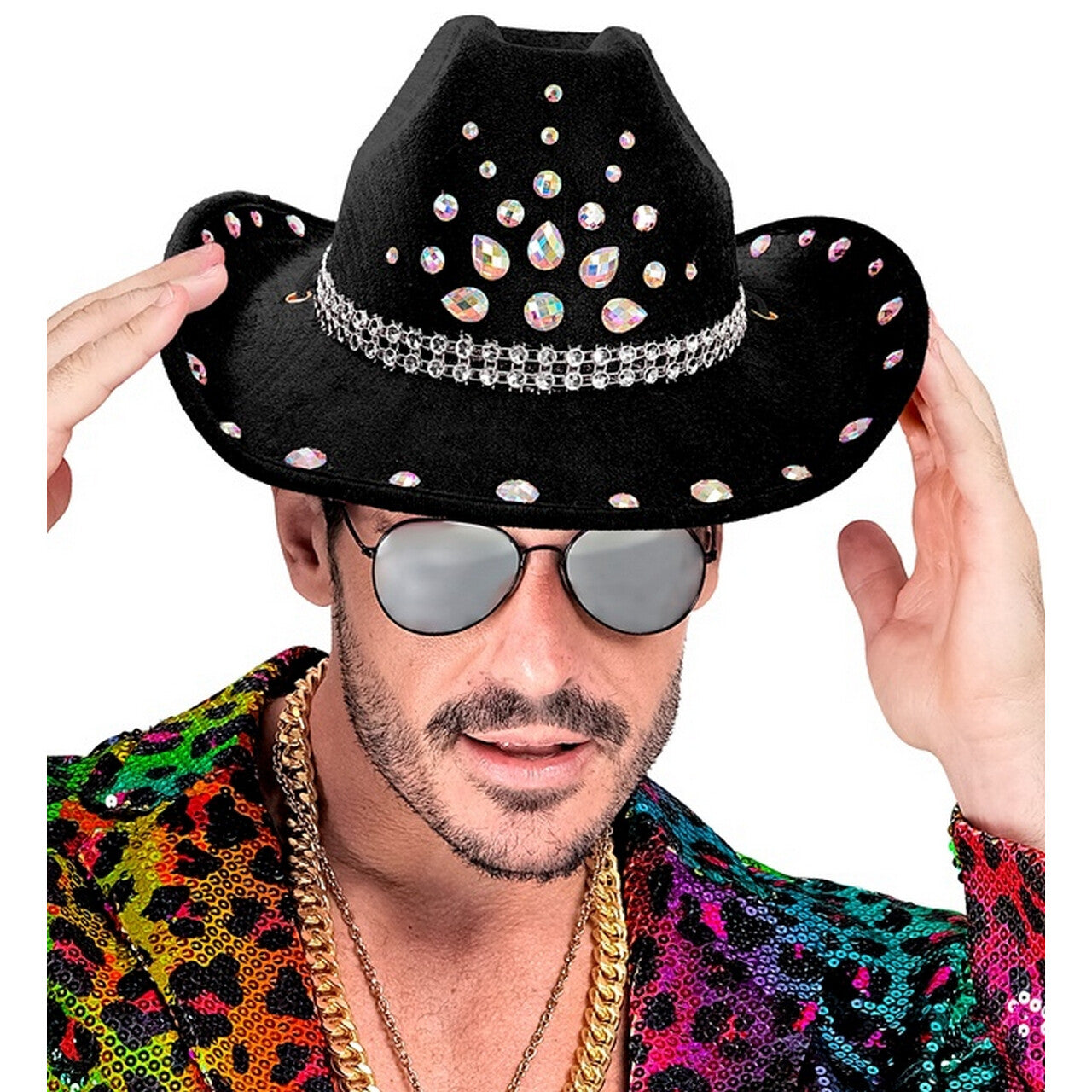 Op deze afbeelding zie je een Accessoires, van het merk Widmann. Cowboy Hoed Texas Zwart Met Diamanten