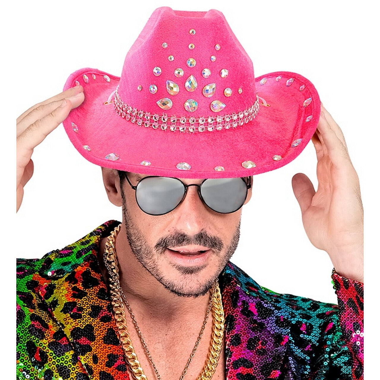 Op deze afbeelding zie je een Accessoires, van het merk Widmann. Cowboy Hoed Madonna Roze Met Diamanten