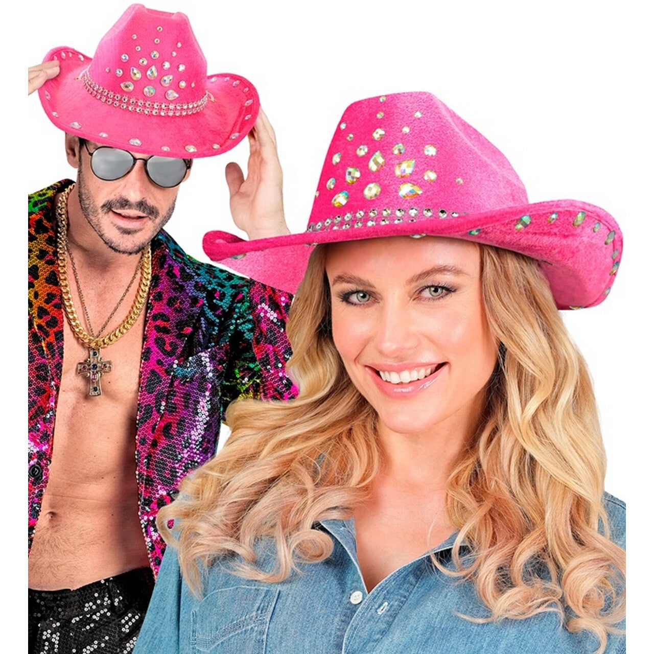 Op deze afbeelding zie je een Accessoires, van het merk Widmann. Cowboy Hoed Madonna Roze Met Diamanten