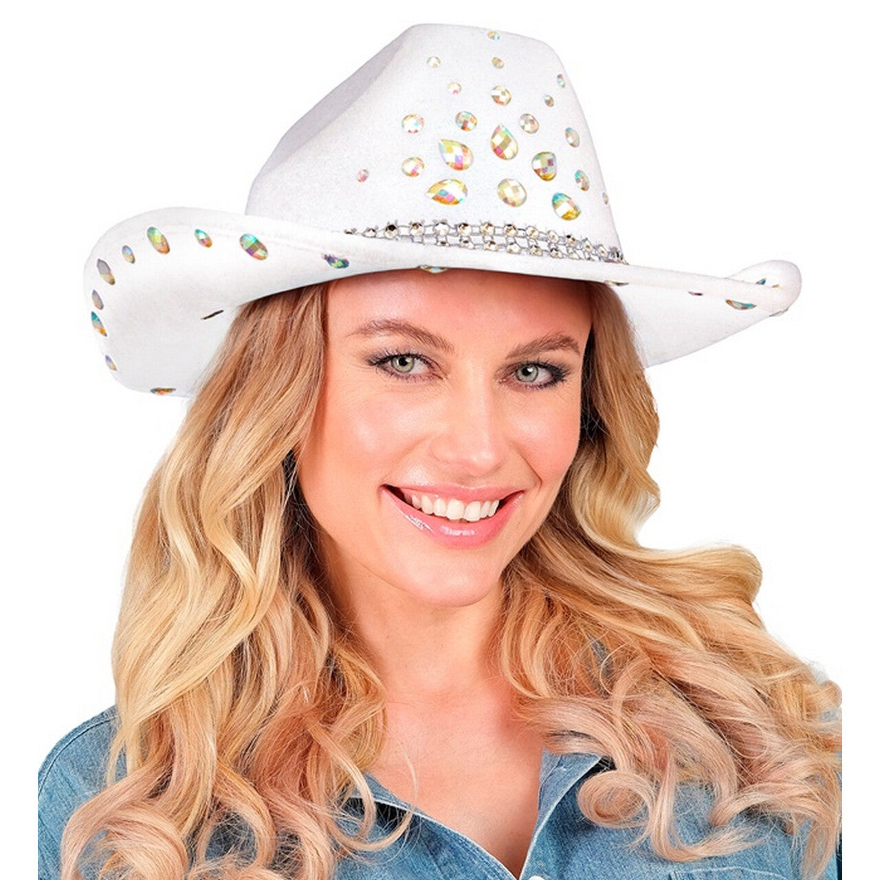 Op deze afbeelding zie je een Accessoires, van het merk Widmann. Cowboy Hoed Carter Wit Met Diamanten