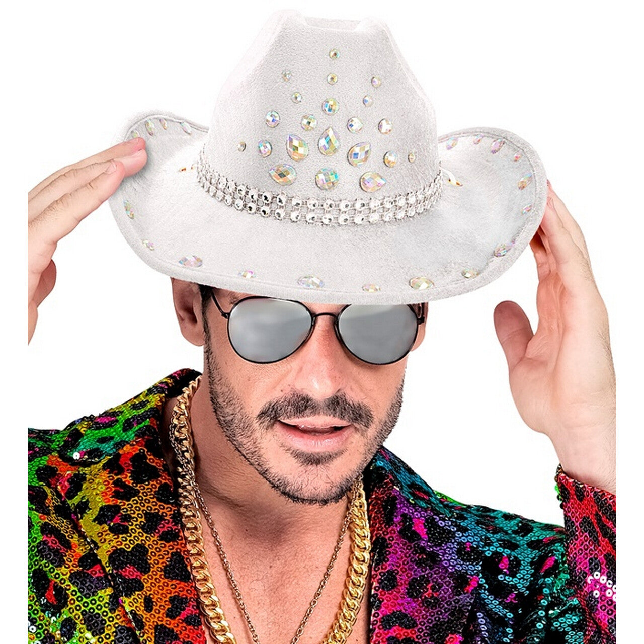 Op deze afbeelding zie je een Accessoires, van het merk Widmann. Cowboy Hoed Carter Wit Met Diamanten