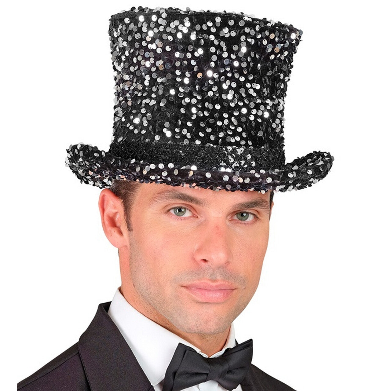 Op deze afbeelding zie je een Accessoires, van het merk Widmann. Hoge Hoed Midnight Pailletten Glam Zilver