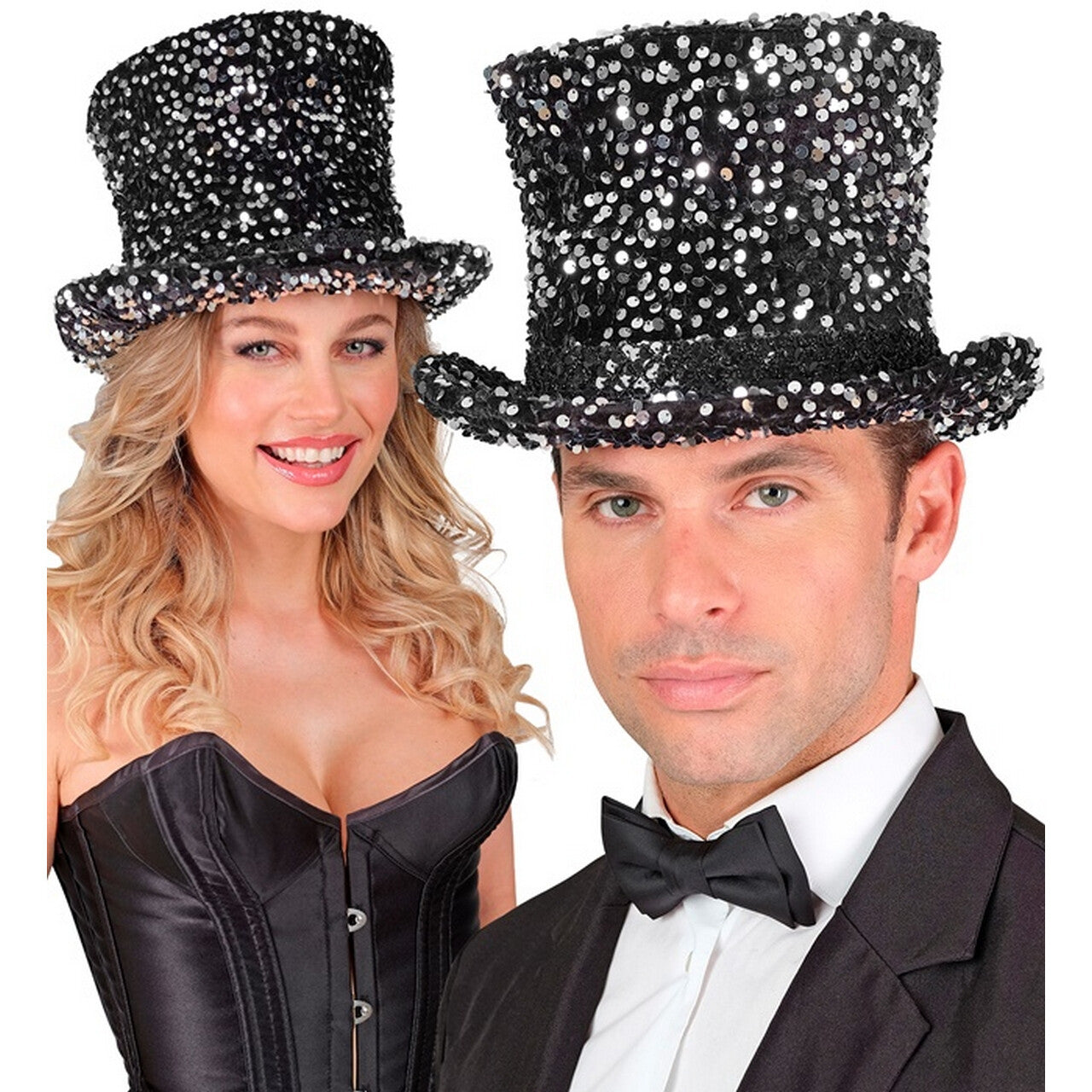 Op deze afbeelding zie je een Accessoires, van het merk Widmann. Hoge Hoed Midnight Pailletten Glam Zilver