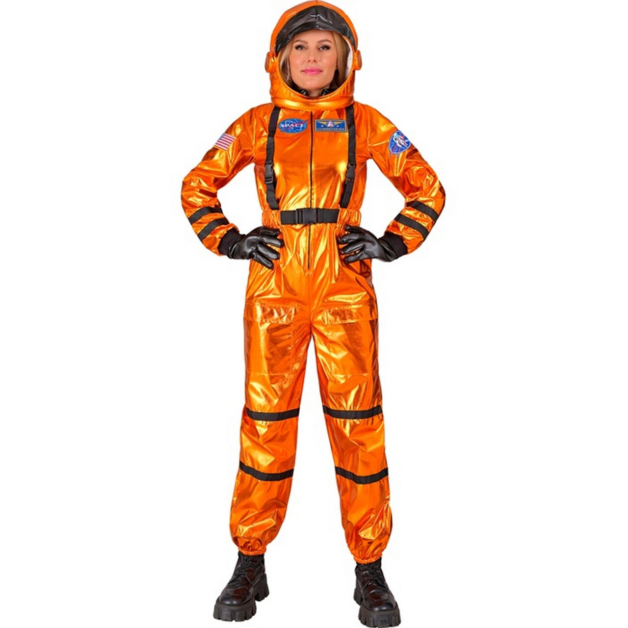 Op deze afbeelding zie je een Kostuums, van het merk Widmann. Astronaut Orange Kosmos Vrouw Kostuum