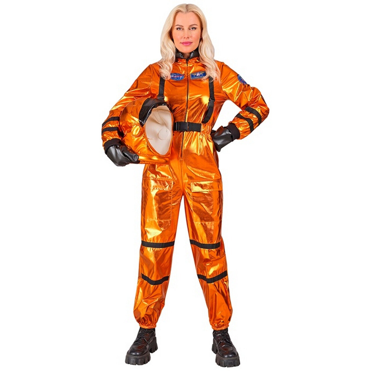 Op deze afbeelding zie je een Kostuums, van het merk Widmann. Astronaut Orange Kosmos Vrouw Kostuum