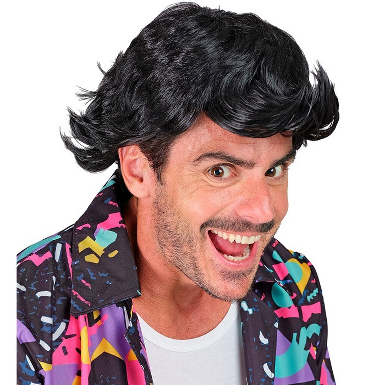 Op deze afbeelding zie je een Accessoires, van het merk Widmann. Zwarte Pruik Jaren 80 Hunk
