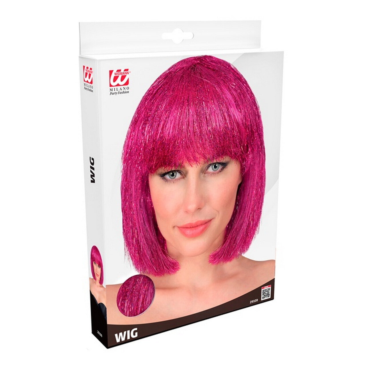Op deze afbeelding zie je een Accessoires, van het merk Widmann. Blitse Felroze Disco Pruik Lange Bob