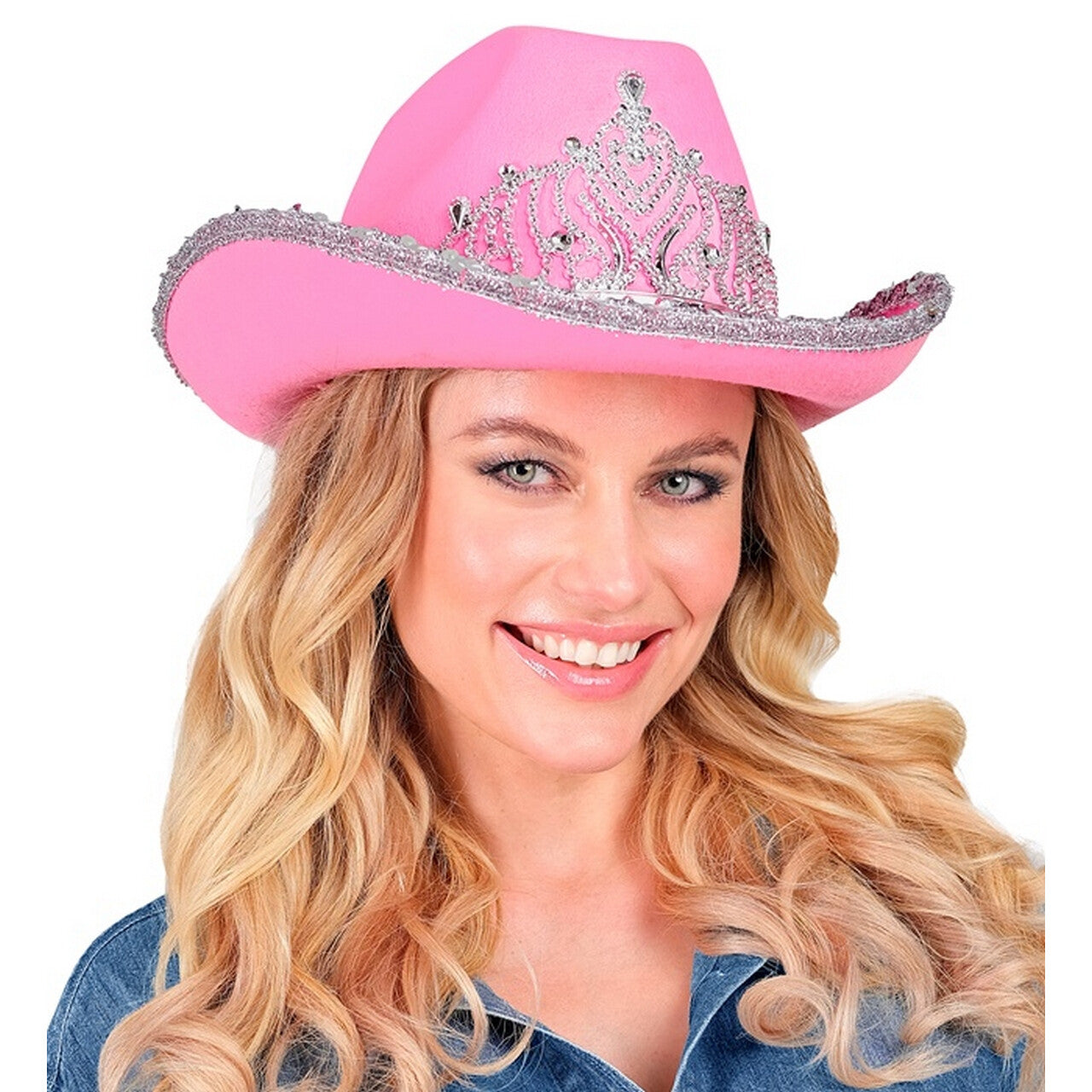 Op deze afbeelding zie je een Accessoires, van het merk Widmann. Glam Cowboy Hoed Roze Met Zilver