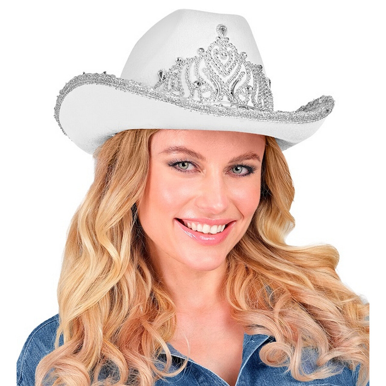 Op deze afbeelding zie je een Accessoires, van het merk Widmann. Glam Cowboy Hoed Wit Met Zilver
