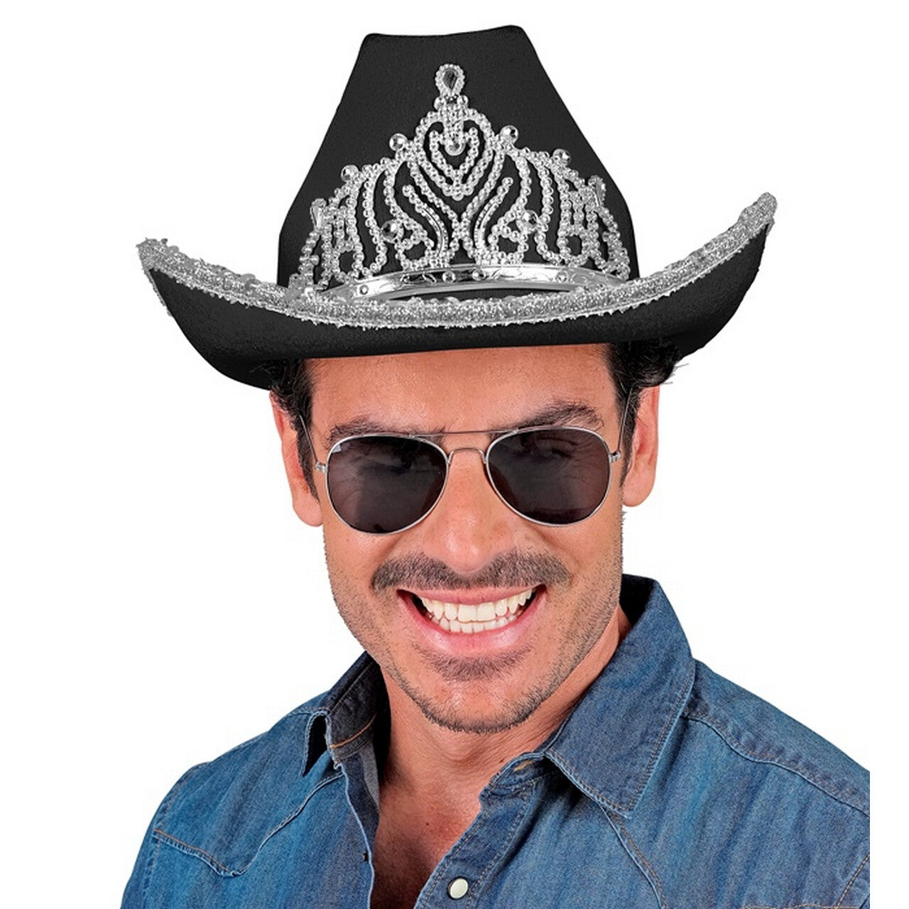 Op deze afbeelding zie je een Accessoires, van het merk Widmann. Glam Cowboy Hoed Zwart Met Zilver