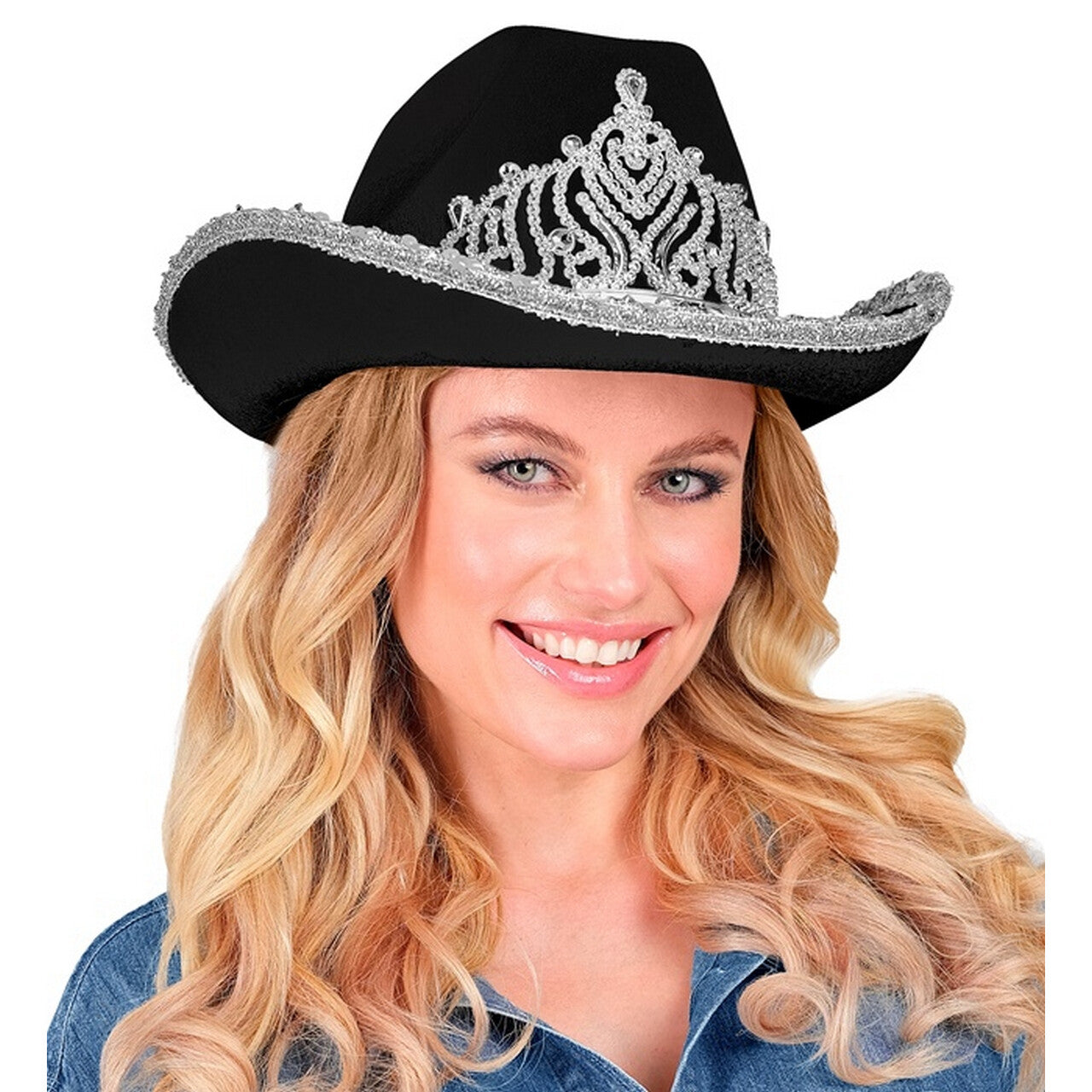 Op deze afbeelding zie je een Accessoires, van het merk Widmann. Glam Cowboy Hoed Zwart Met Zilver