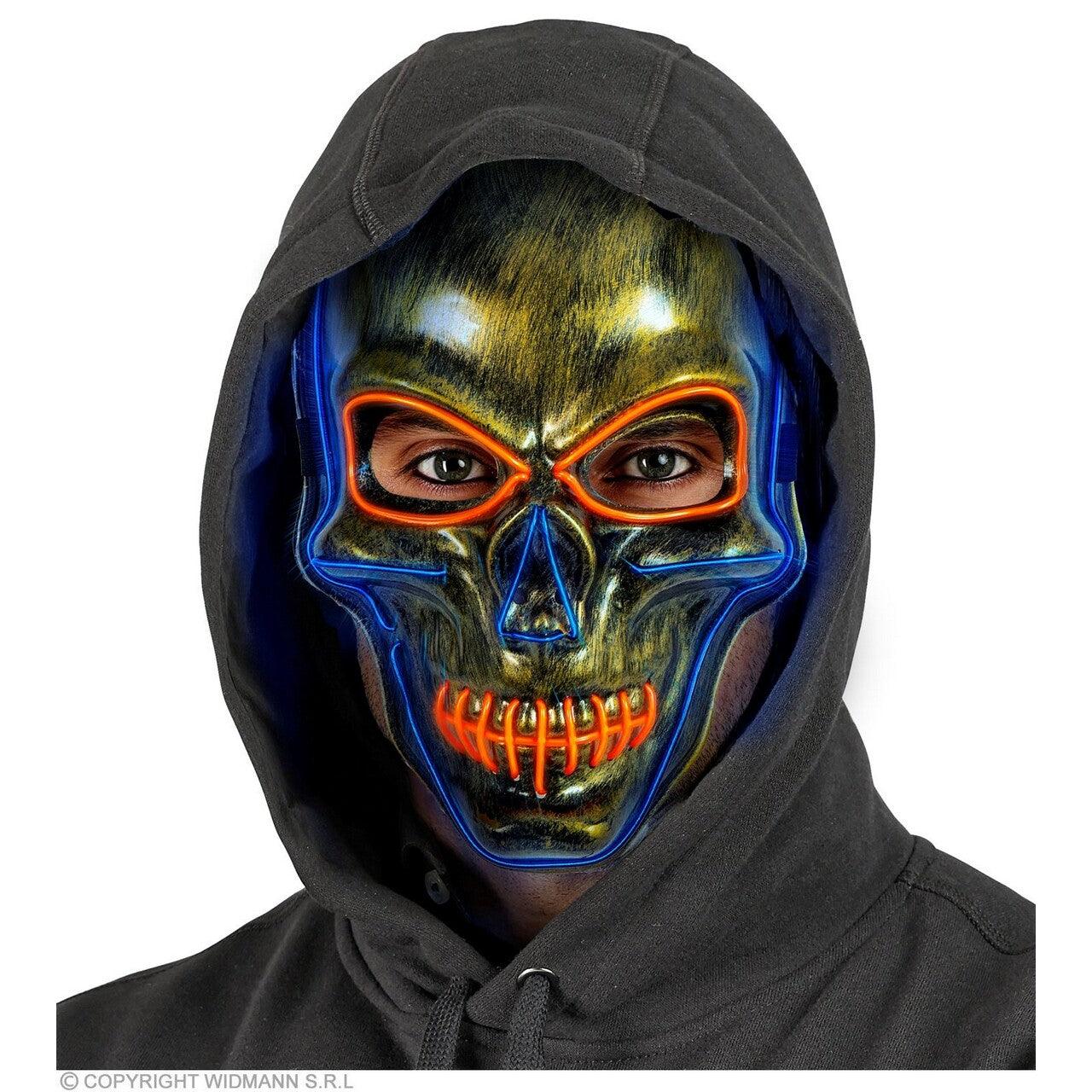 Op deze afbeelding zie je een Accessoires, van het merk Widmann. Schedel Masker Goud Met Gekleurd Licht