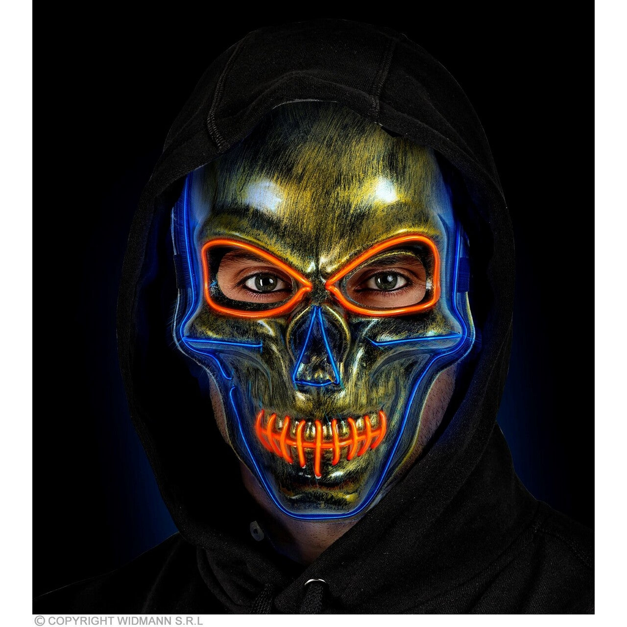 Op deze afbeelding zie je een Accessoires, van het merk Widmann. Schedel Masker Goud Met Gekleurd Licht