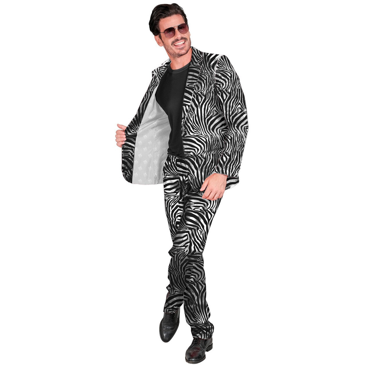 Op deze afbeelding zie je een Kostuums, van het merk Widmann. Foute Glamour Zebra Zilver Man Kostuum