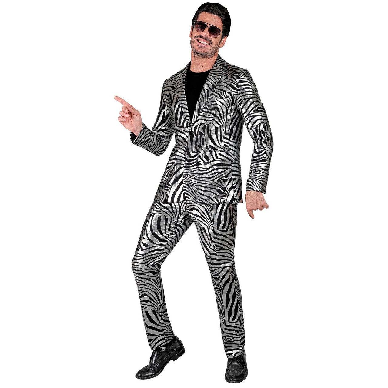 Op deze afbeelding zie je een Kostuums, van het merk Widmann. Foute Glamour Zebra Zilver Man Kostuum