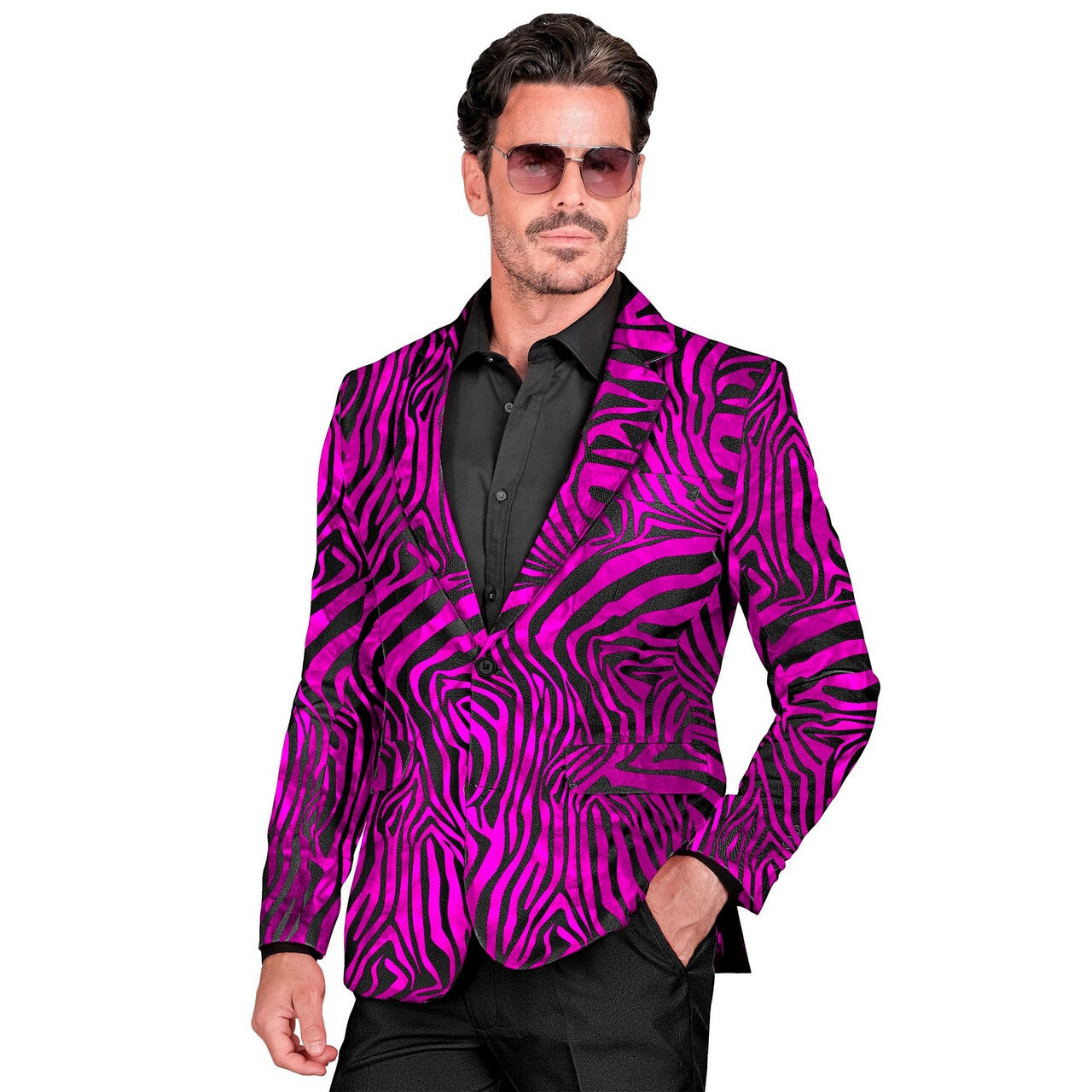 Op deze afbeelding zie je een Kostuums, van het merk Widmann. Foute Topper Zebra Roze Colbert Man