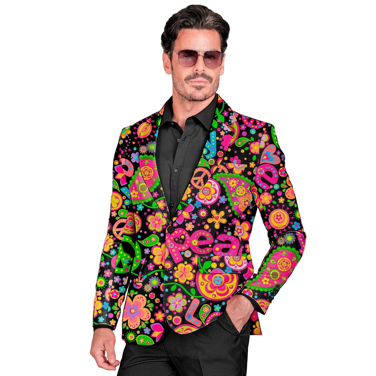 Op deze afbeelding zie je een Kostuums, van het merk Widmann. Neon Peace Hippie Colbert Man
