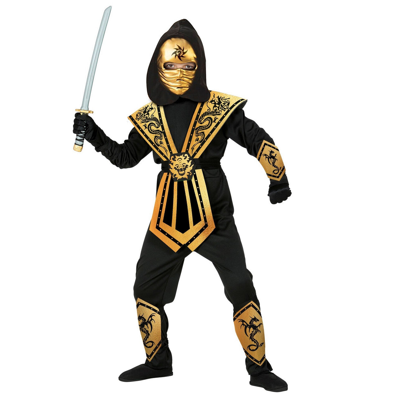 Op deze afbeelding zie je een Kostuums, van het merk Widmann. Dragonfighter Ninja Gold Kind Kostuum