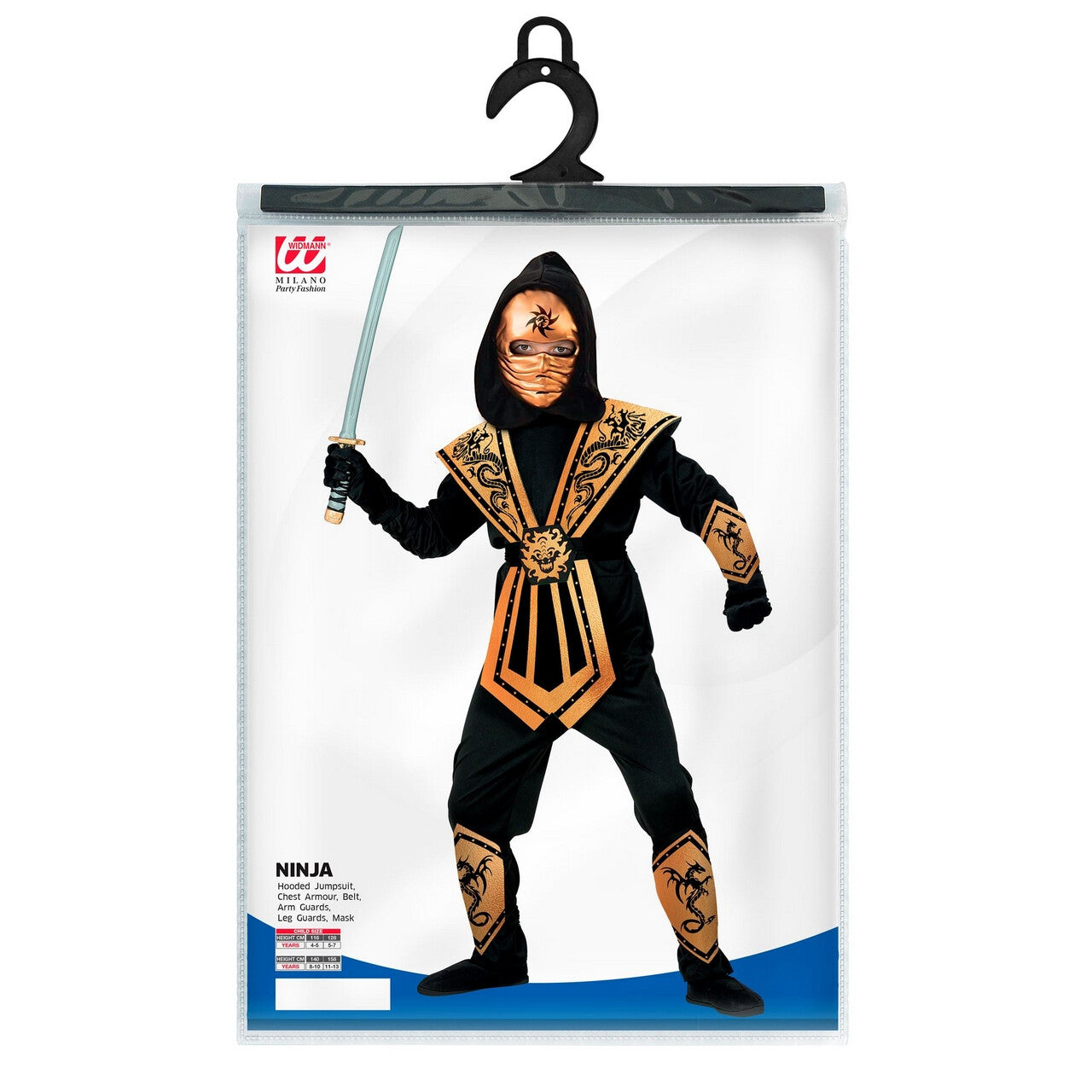 Op deze afbeelding zie je een Kostuums, van het merk Widmann. Dragonfighter Ninja Gold Kind Kostuum