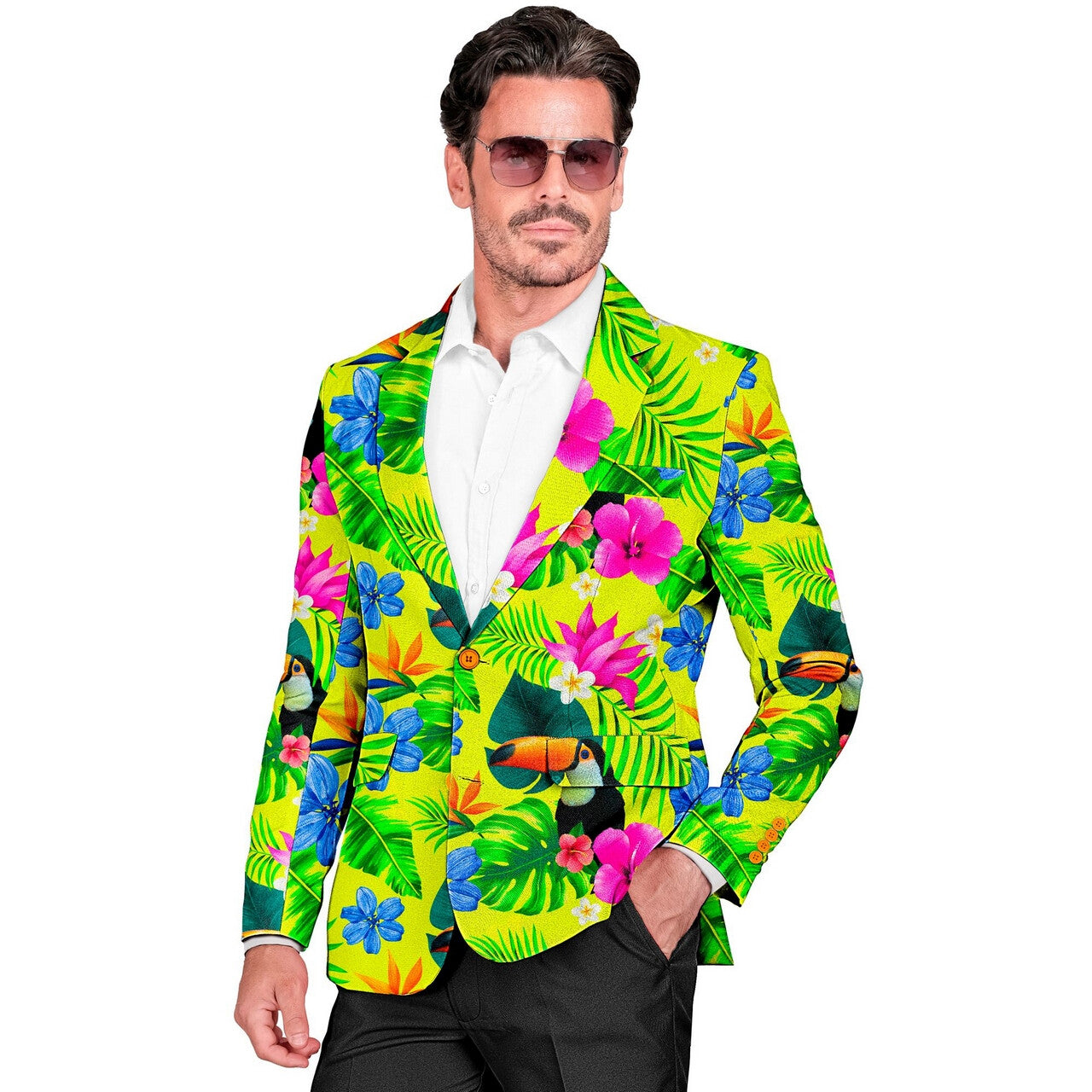 Op deze afbeelding zie je een Kostuums, van het merk Widmann. Tropicana Bloemen Colbert Man