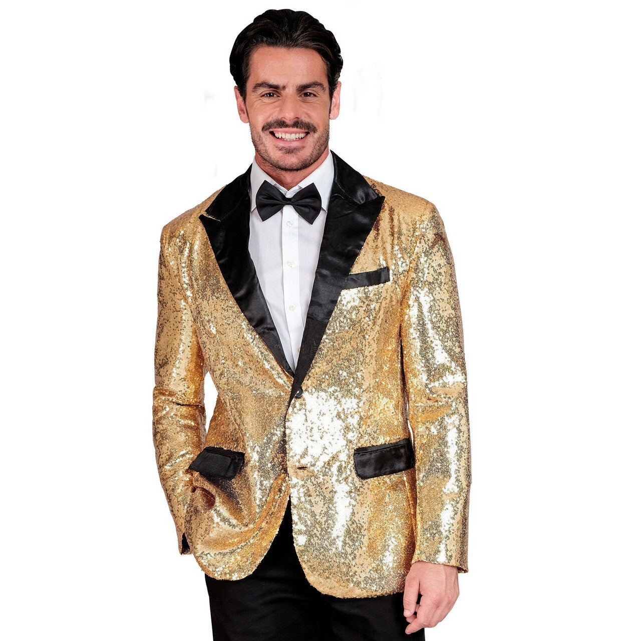 Op deze afbeelding zie je een Kostuums, van het merk Widmann. Showmaster Golden Glam Pailletten Colbert Man
