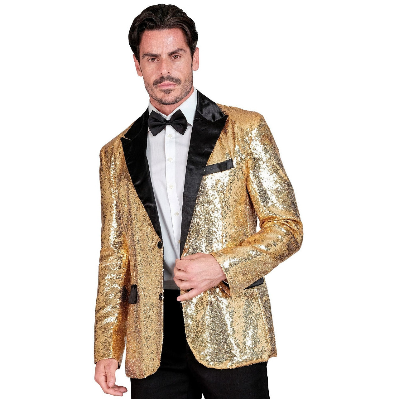 Op deze afbeelding zie je een Kostuums, van het merk Widmann. Showmaster Golden Glam Pailletten Colbert Man
