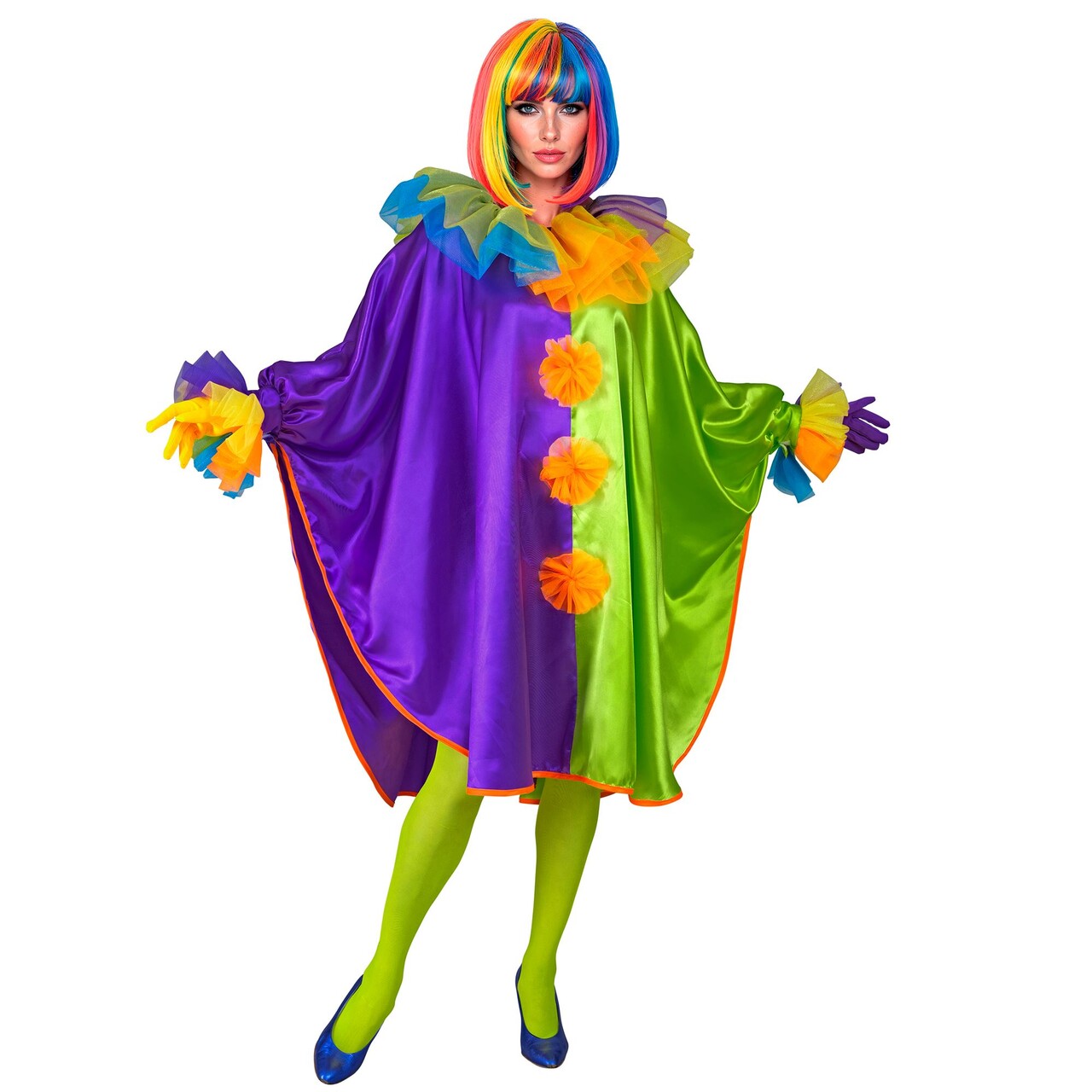 Op deze afbeelding zie je een Kostuums, van het merk Widmann. Poncho Clown Paars Groen Vrouw Kostuum