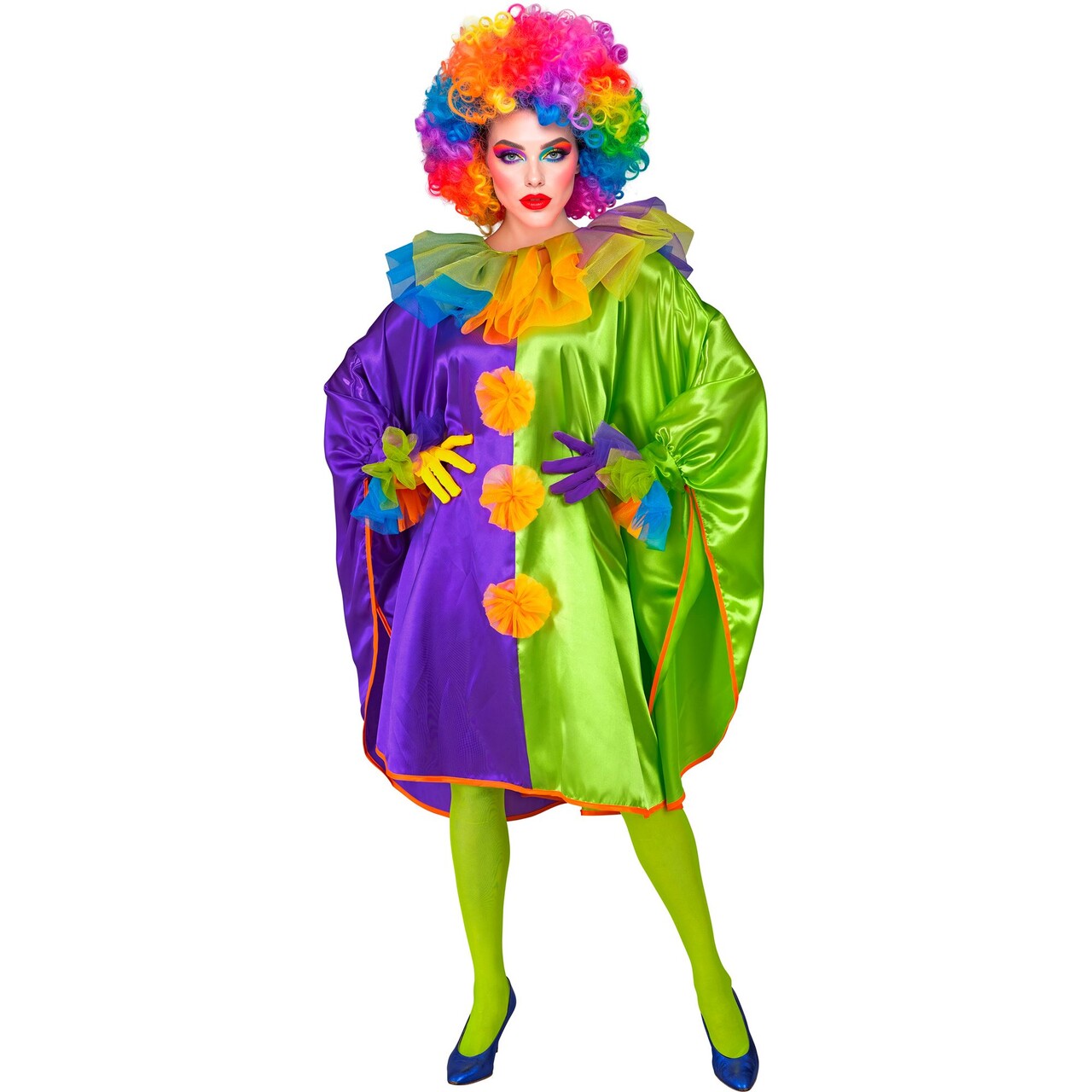 Op deze afbeelding zie je een Kostuums, van het merk Widmann. Poncho Clown Paars Groen Vrouw Kostuum