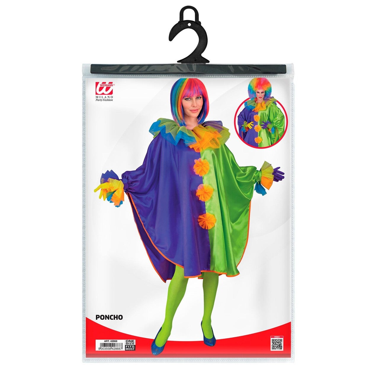 Op deze afbeelding zie je een Kostuums, van het merk Widmann. Poncho Clown Paars Groen Vrouw Kostuum