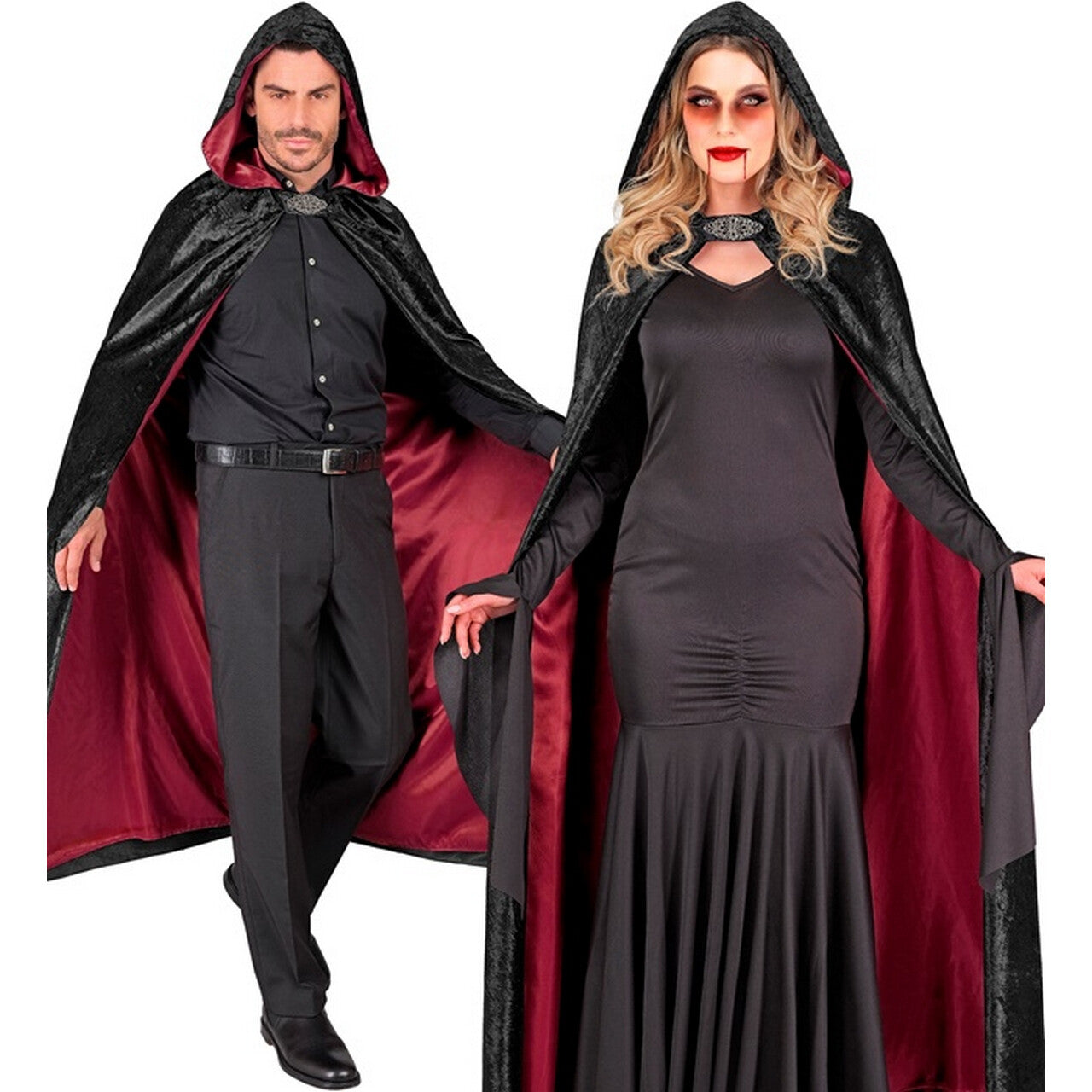 Op deze afbeelding zie je een Kostuums, van het merk Widmann. Zwarte Lange Fluwelen Cape Met Kap 140 Centimeter