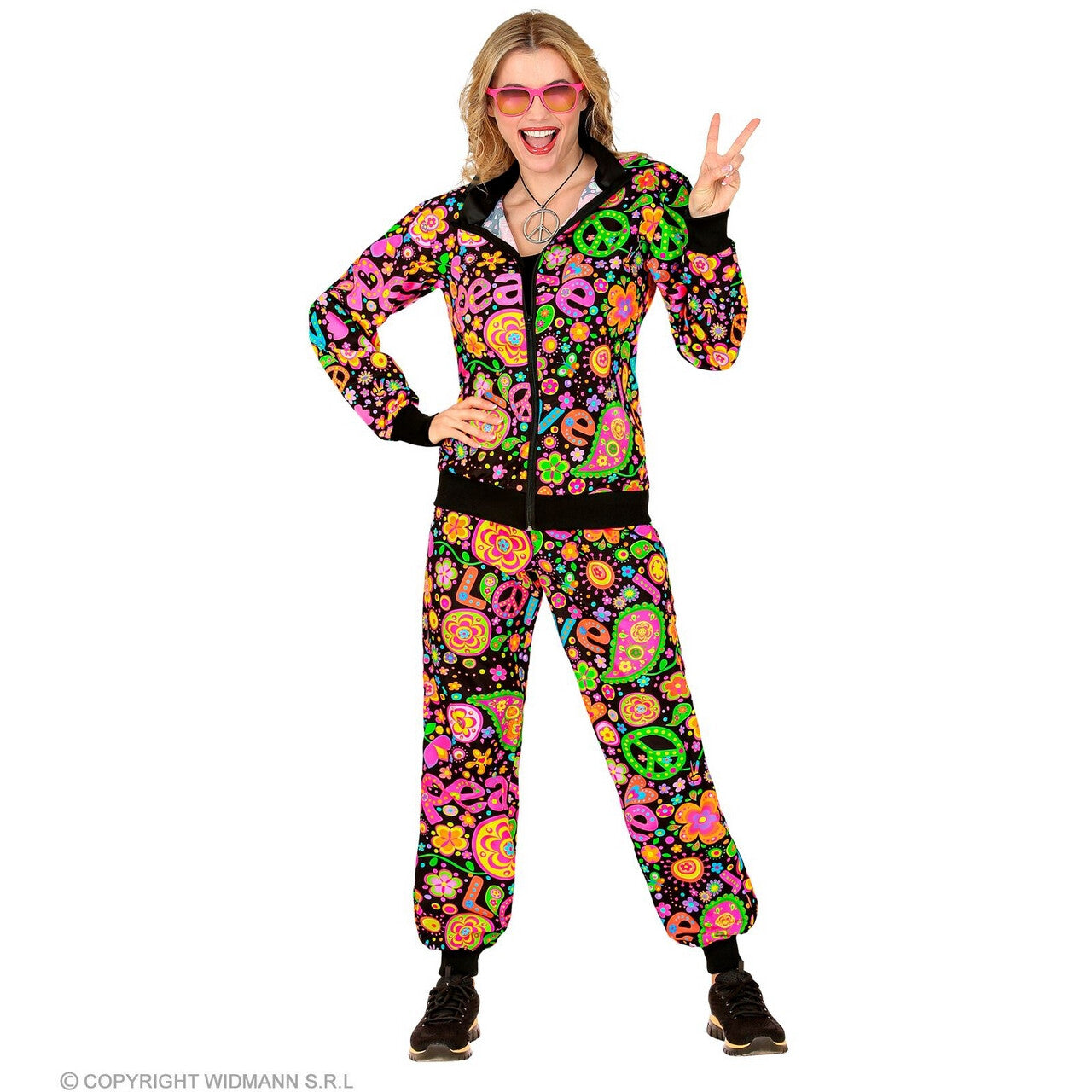 Op deze afbeelding zie je een Kostuums, van het merk Widmann. Hippie Paisley Peace Trainingspak Kostuum