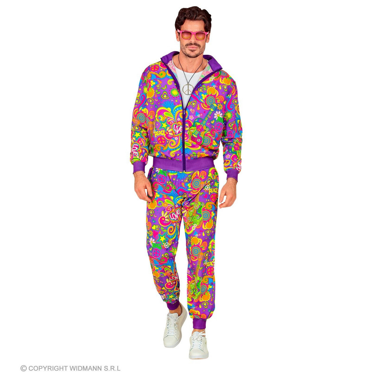 Op deze afbeelding zie je een Kostuums, van het merk Widmann. Purple Paisley Love Will Win Trainingspak Kostuum
