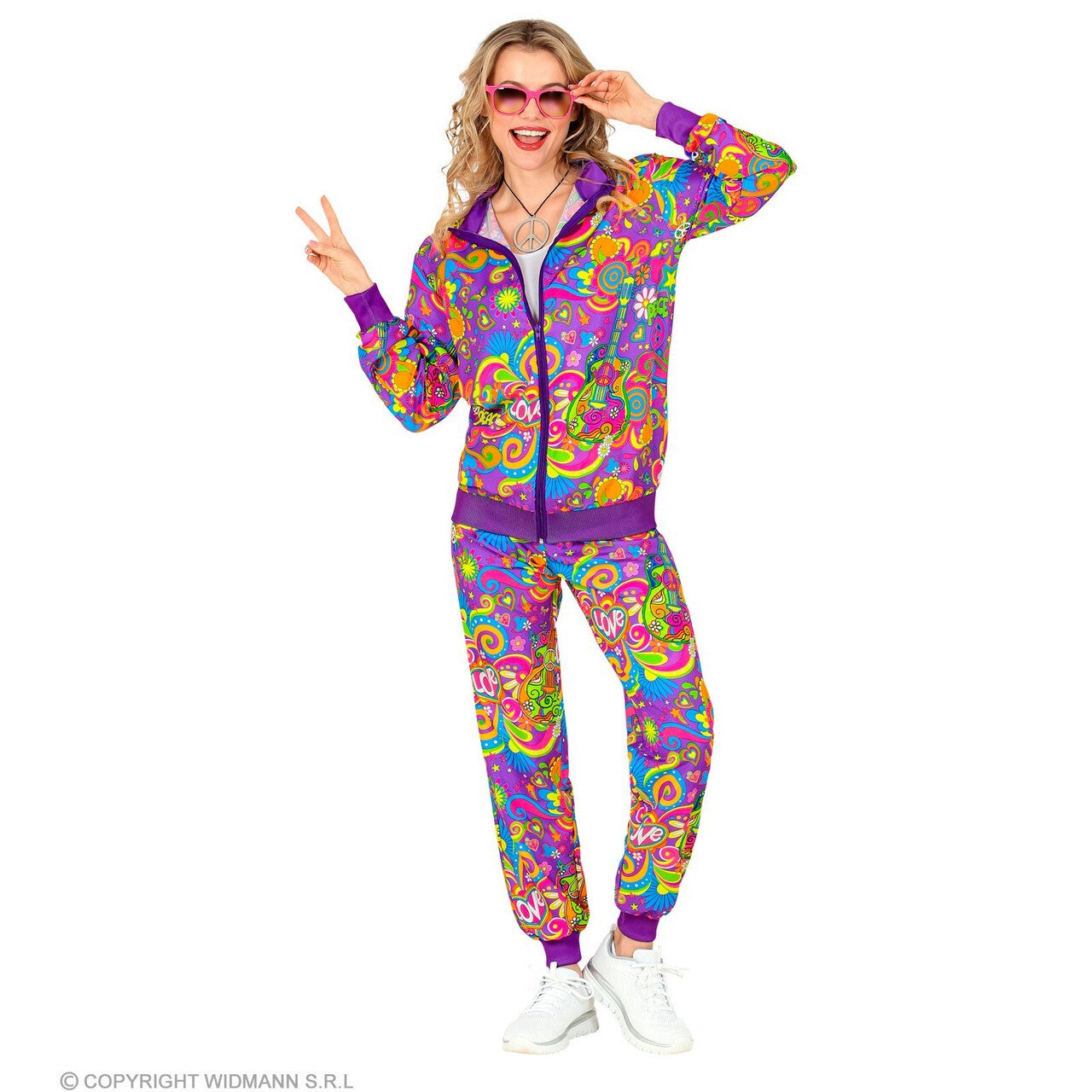 Op deze afbeelding zie je een Kostuums, van het merk Widmann. Purple Paisley Love Will Win Trainingspak Kostuum