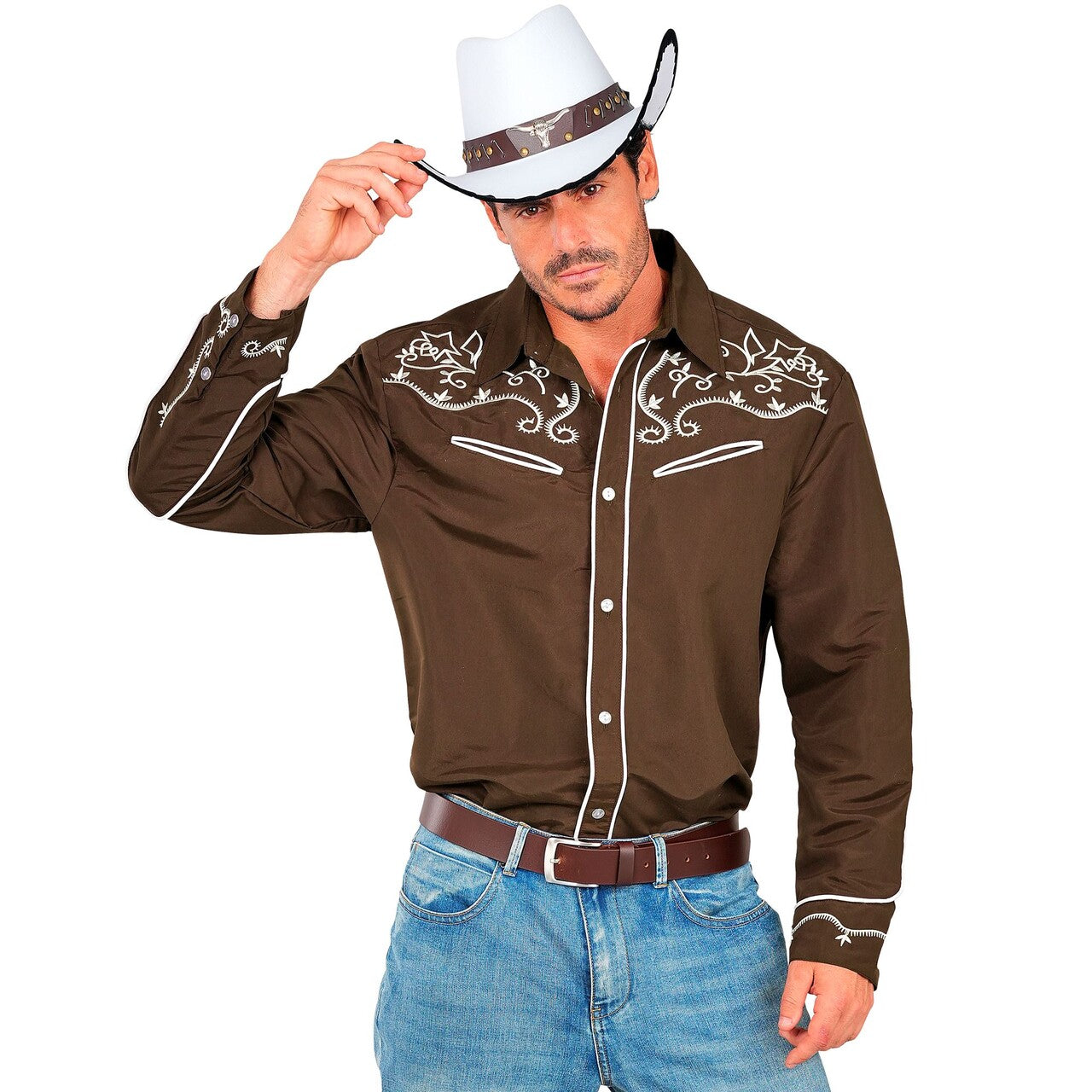 Op deze afbeelding zie je een Kostuums, van het merk Widmann. Western Cowboy Overhemd Bruin Man