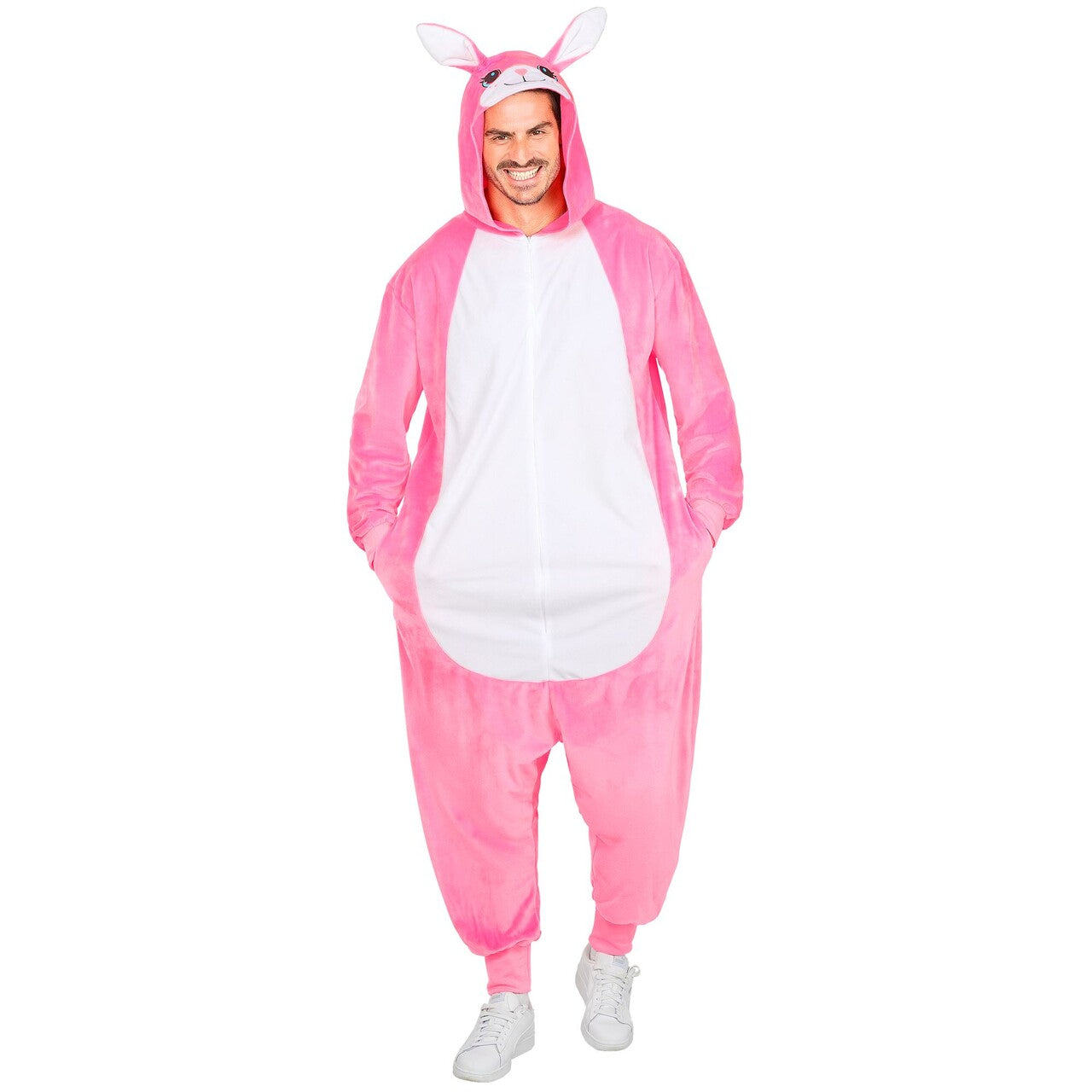 Op deze afbeelding zie je een Kostuums, van het merk Widmann. Roze Paaskonijn Onesie Kostuum