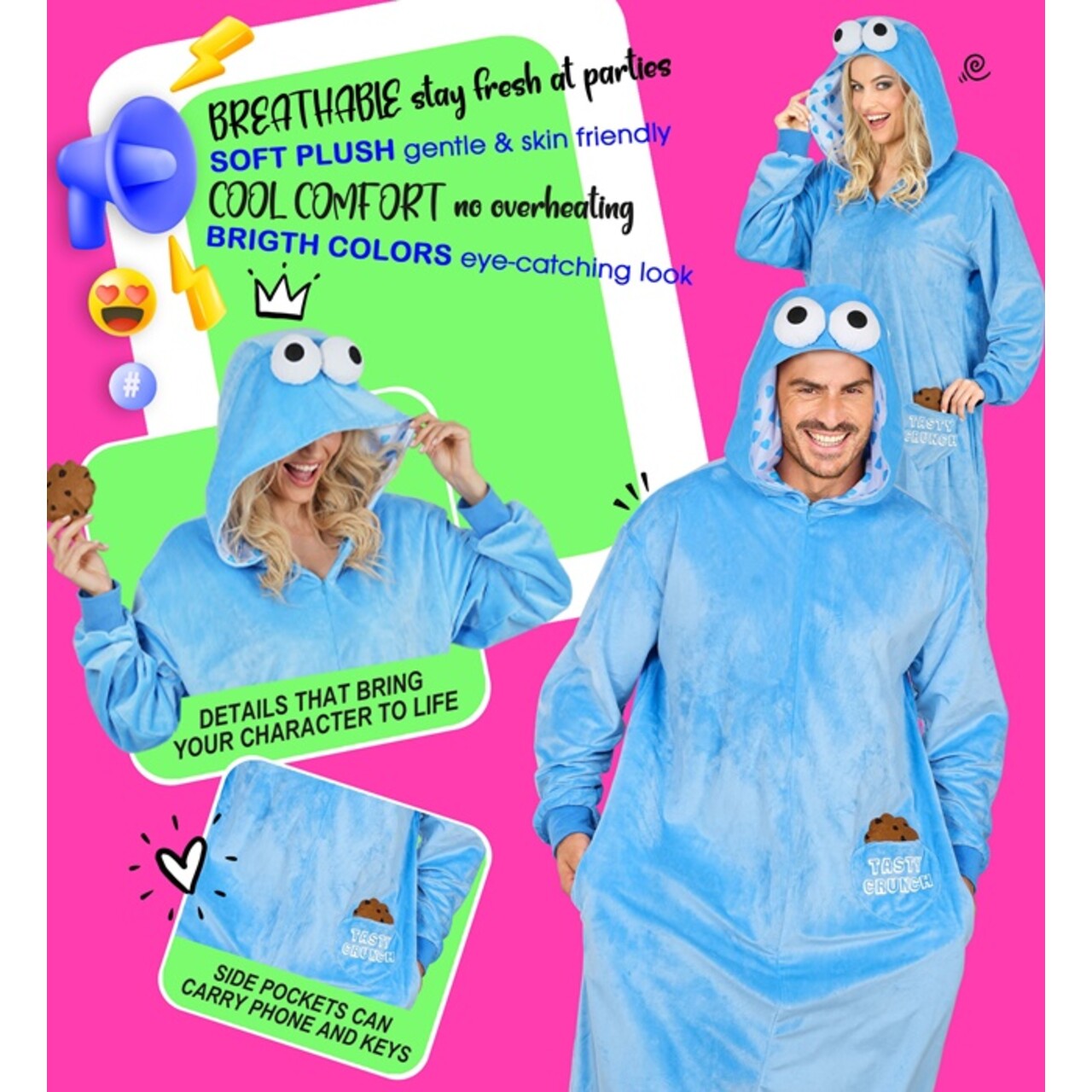 Op deze afbeelding zie je een Kostuums, van het merk Widmann. Dol Op Koekies Monster Blauw Onesie Kostuum