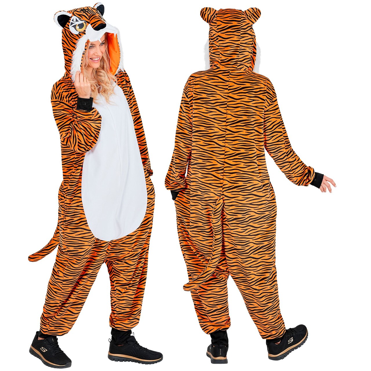 Op deze afbeelding zie je een Kostuums, van het merk Widmann. Comfort Tijger Onesie Kostuum