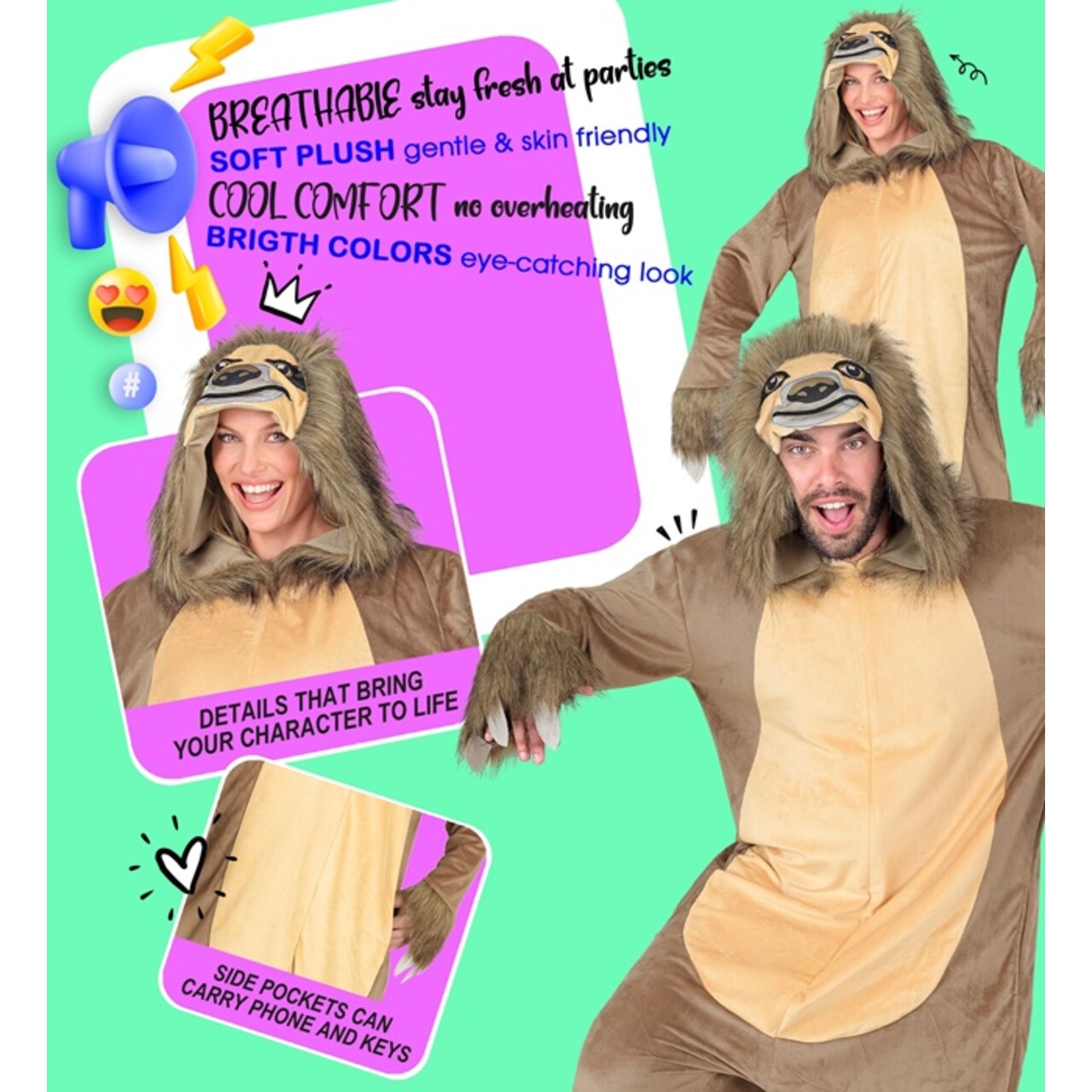 Op deze afbeelding zie je een Kostuums, van het merk Widmann. Lazy Luiaard Onesie Kostuum