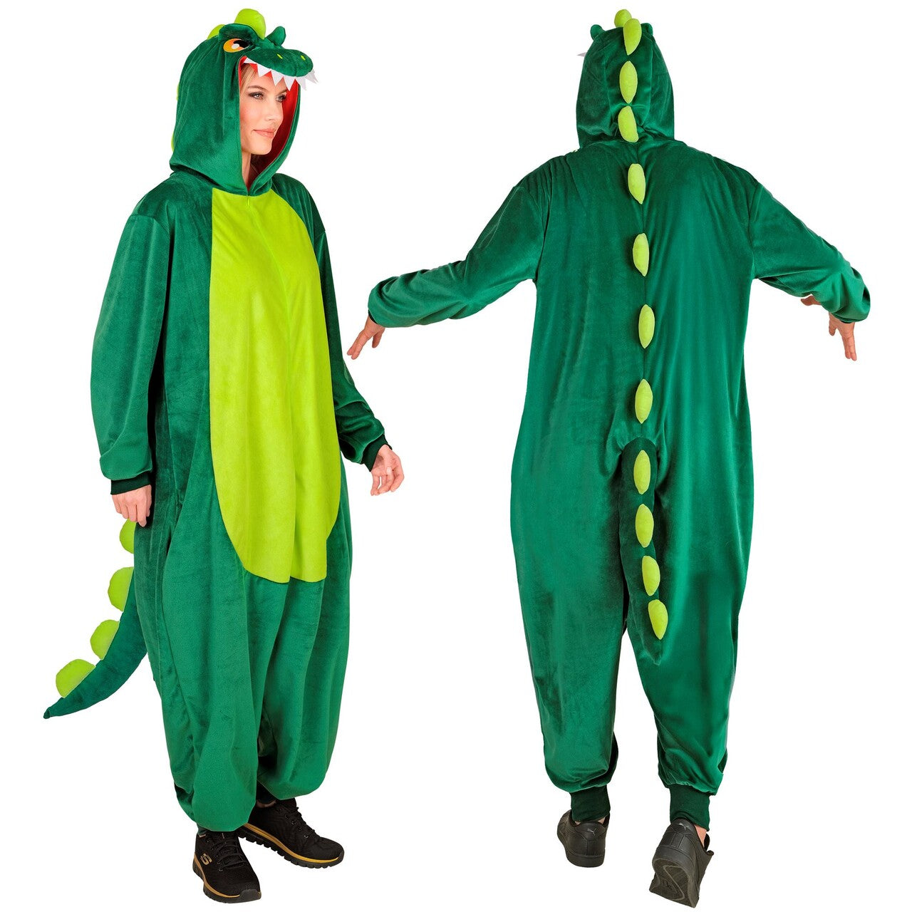 Op deze afbeelding zie je een Kostuums, van het merk Widmann. Ongevaarlijke Dino Onesie Kostuum